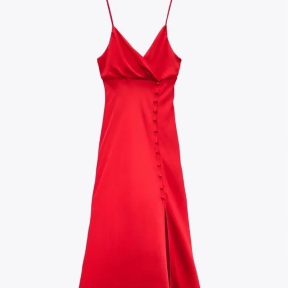 Zara Slit Buttoned Red Satin Effect Dress